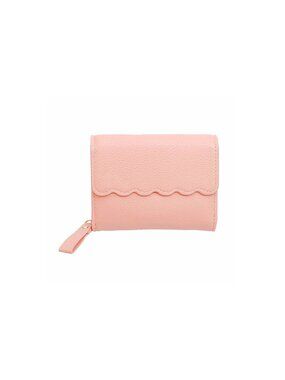 Pink Scalloped Edge Compact Vegan Faux Leather Wallet With Zipper & Snap Closure